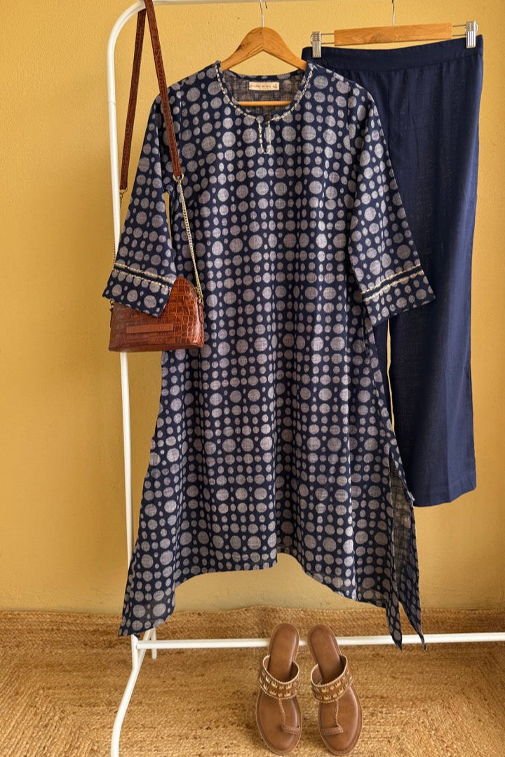 Indigo Dot Printed Kurta Set – Cotton Slub