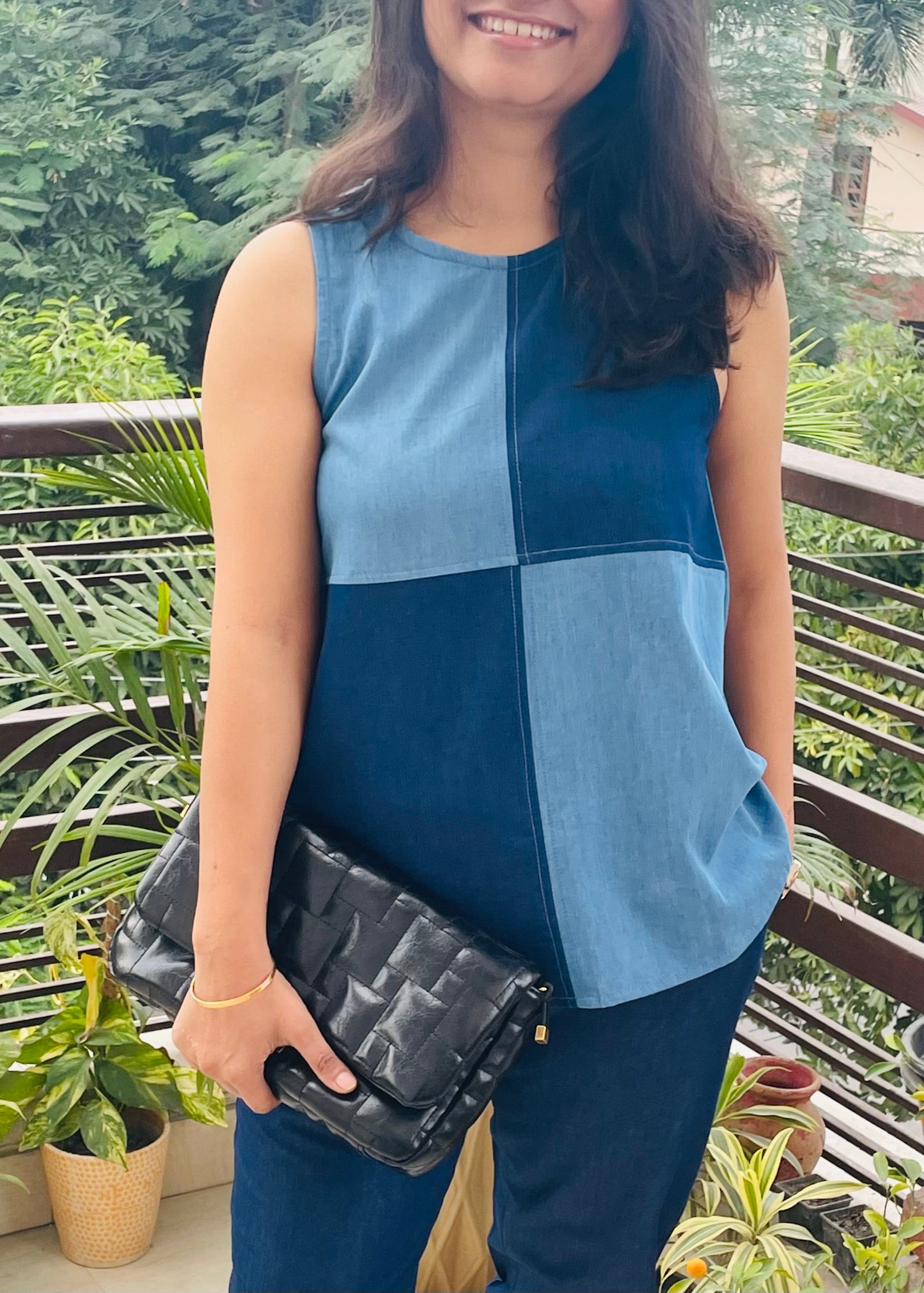 MidnightHue Colour-Blocked Denim Top