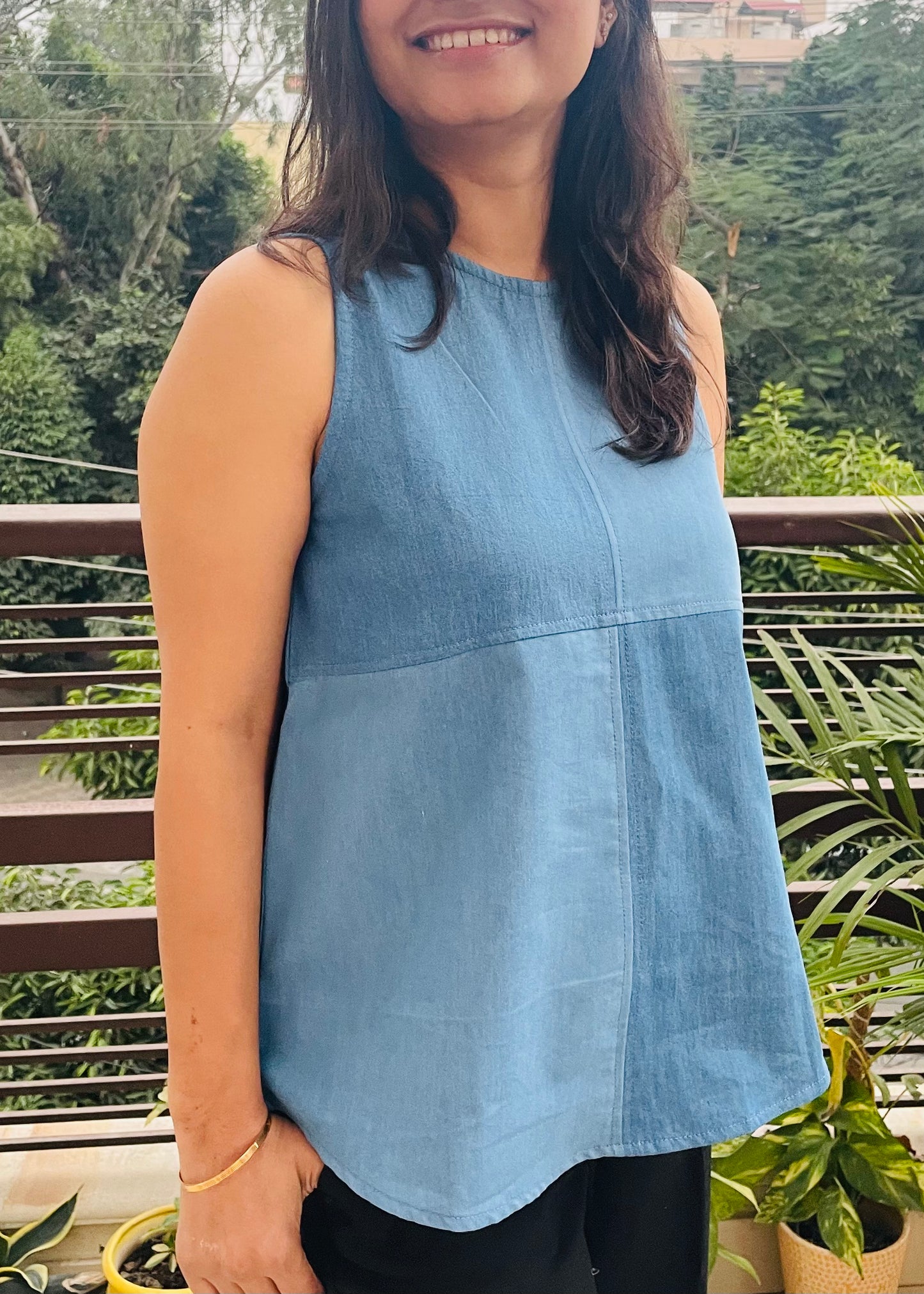 SkyShade Colour-Blocked Denim Top