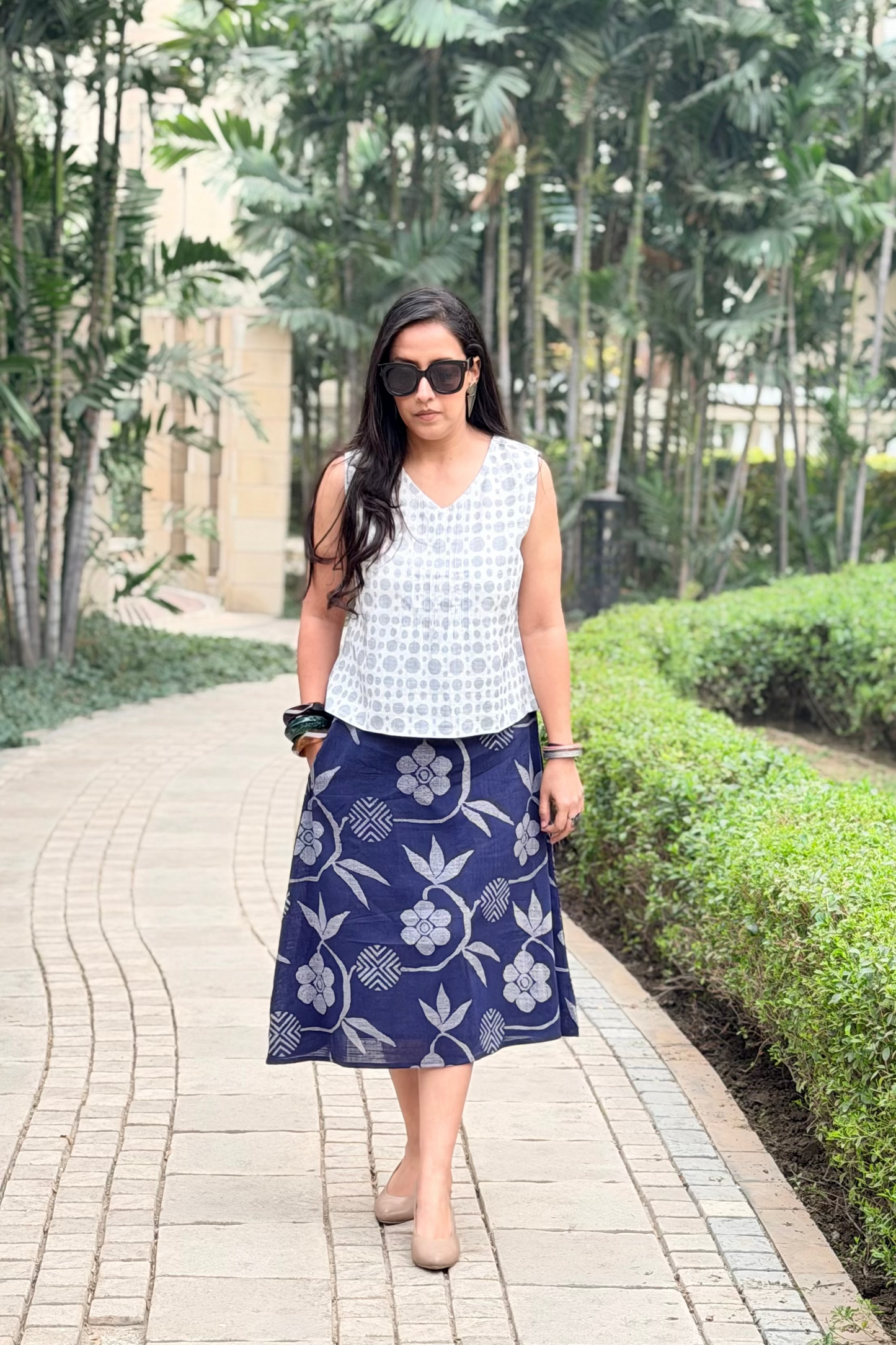 Blue Printed Cotton Skirt for Women - Breathable Summer Skirt