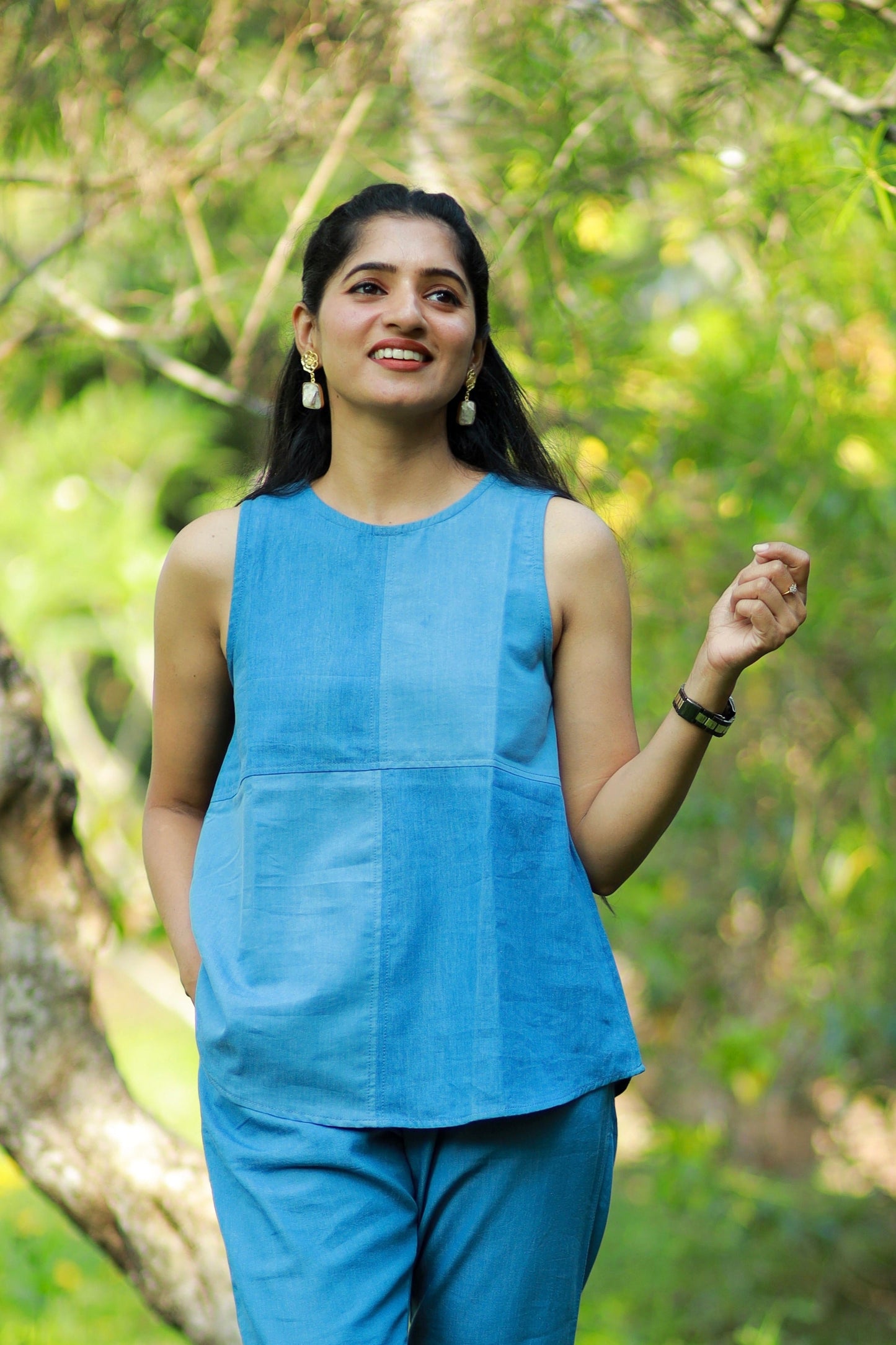 SkyShade Colour-Blocked Denim Top