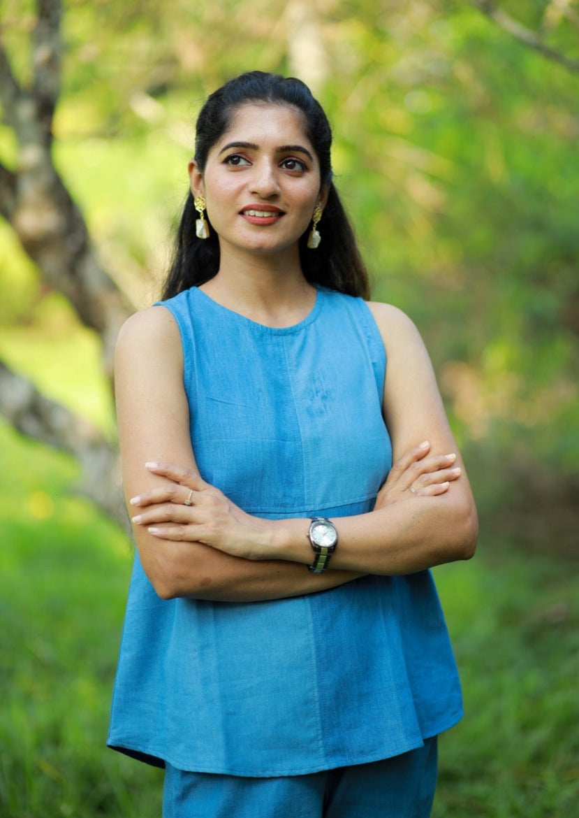 SkyShade Colour-Blocked Denim Top