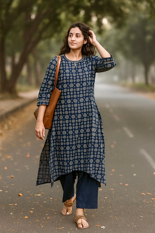 Indigo Dot Printed Kurta Set – Cotton Slub