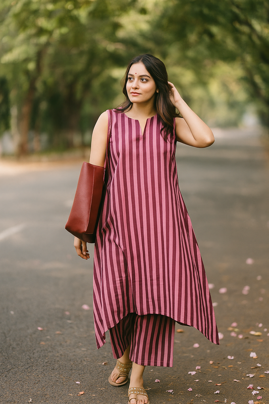 Wine & Mauve Striped Sleeveless Kurta Set - Cotton Co-ord for Women