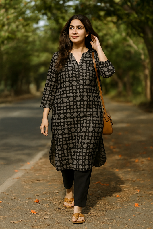 Black Printed Cotton Kurta with Pockets