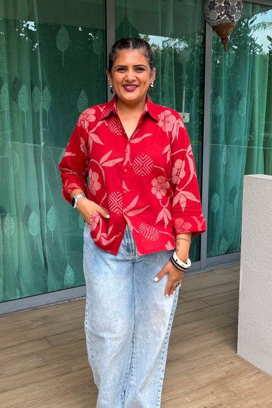 Red Cotton Slub Printed Shirt for Women