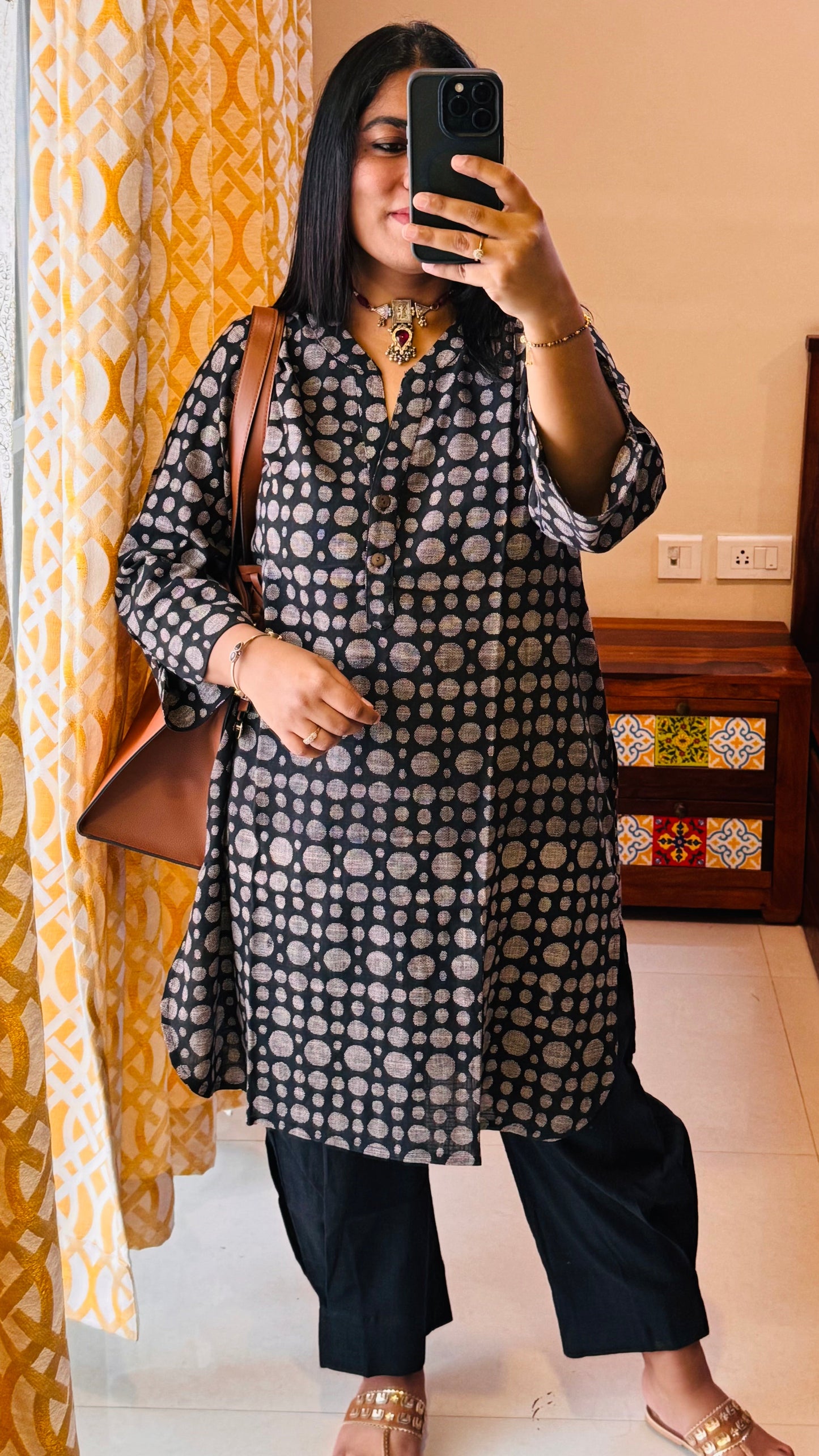 Black Printed Cotton Kurta with Pockets