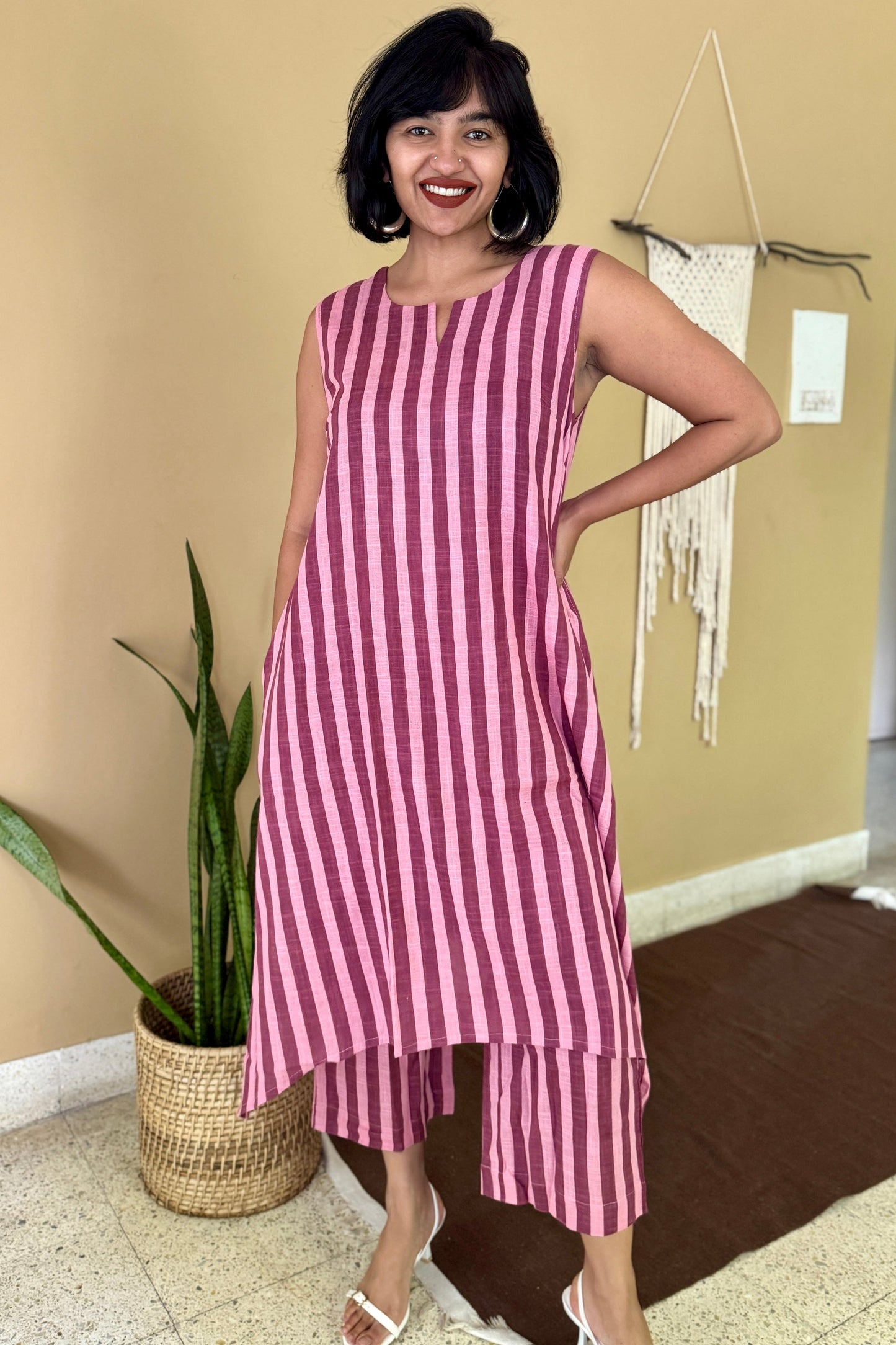 Wine & Mauve Striped Sleeveless Kurta Set - Cotton Co-ord for Women