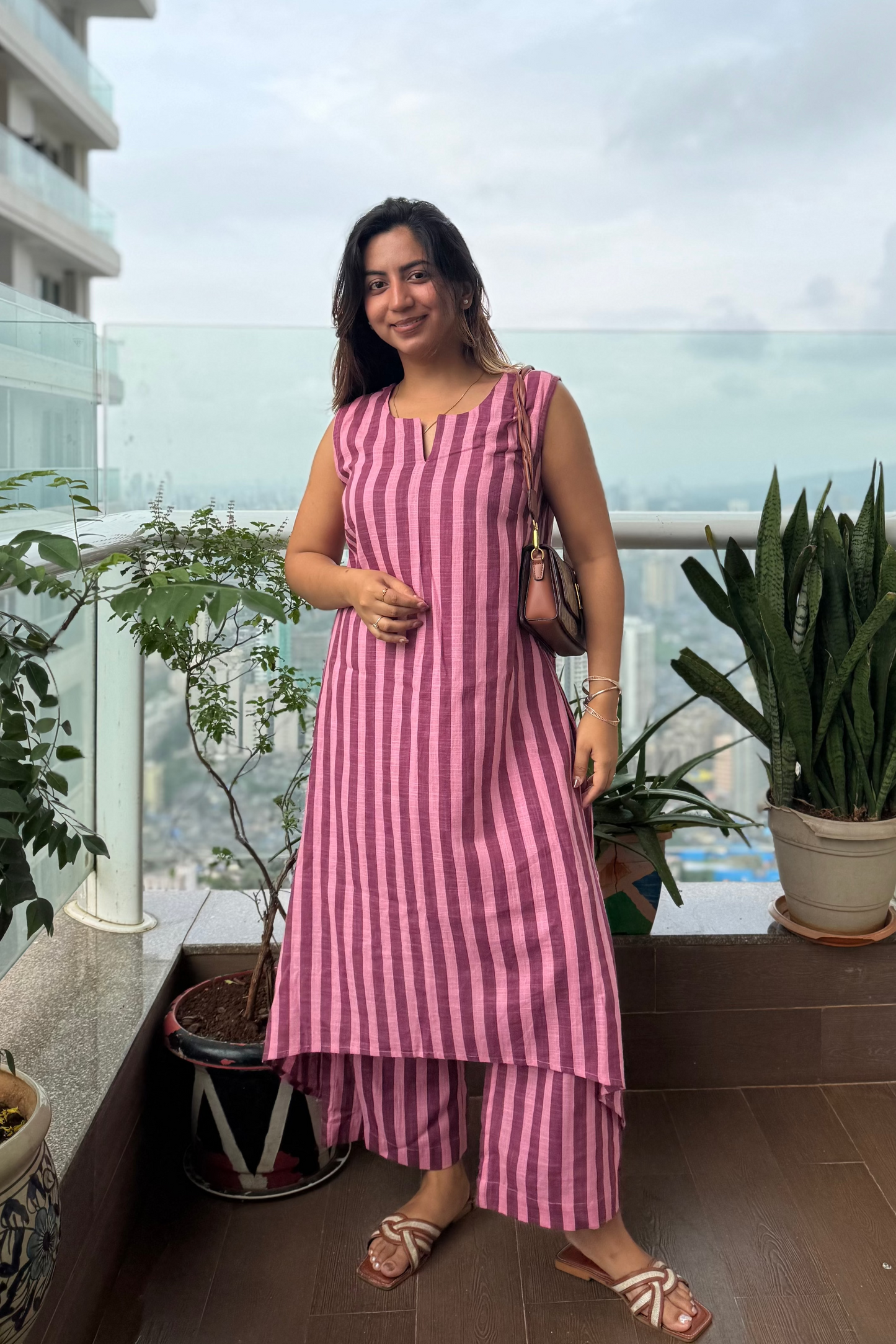 Wine & Mauve Striped Sleeveless Kurta Set - Cotton Co-ord for Women