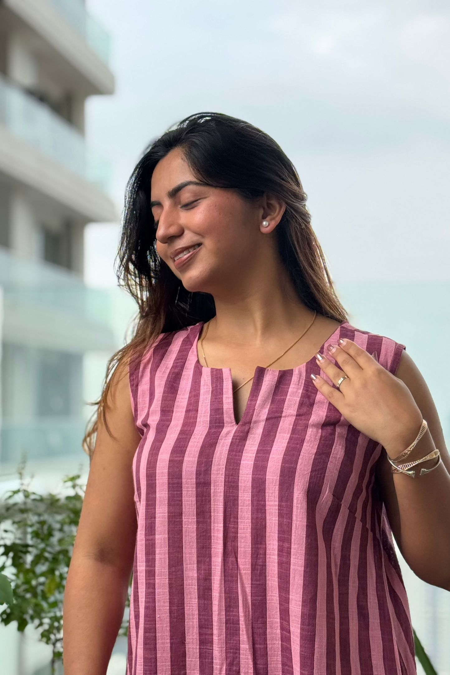 Wine & Mauve Striped Sleeveless Kurta Set - Cotton Co-ord for Women