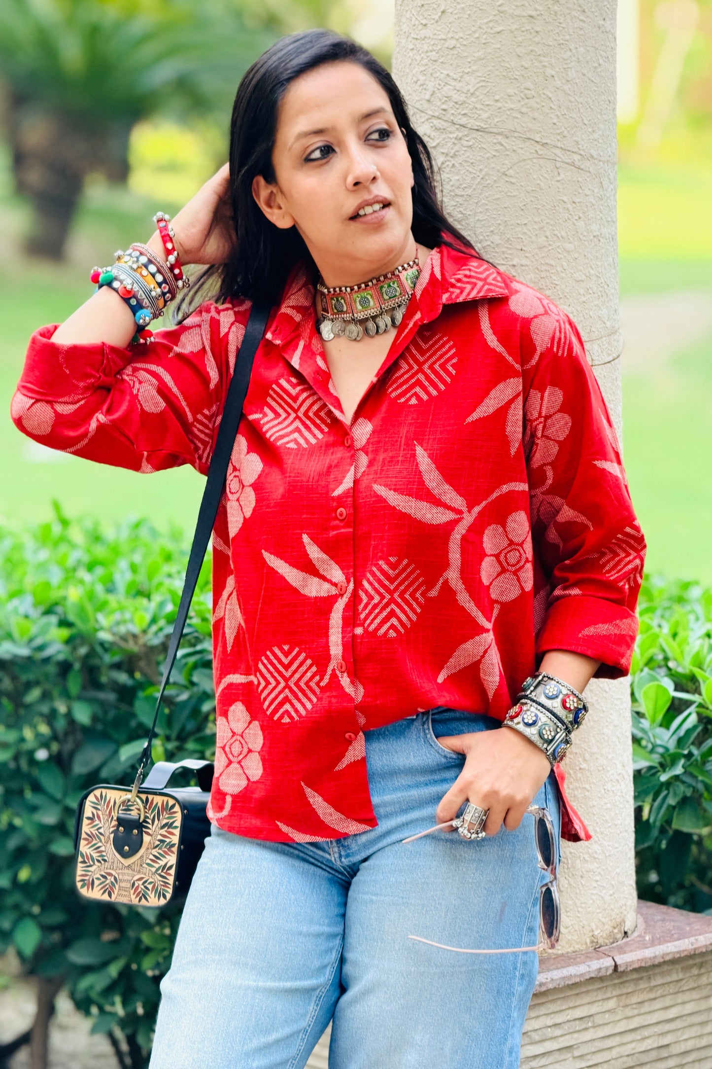 Red Cotton Slub Printed Shirt for Women