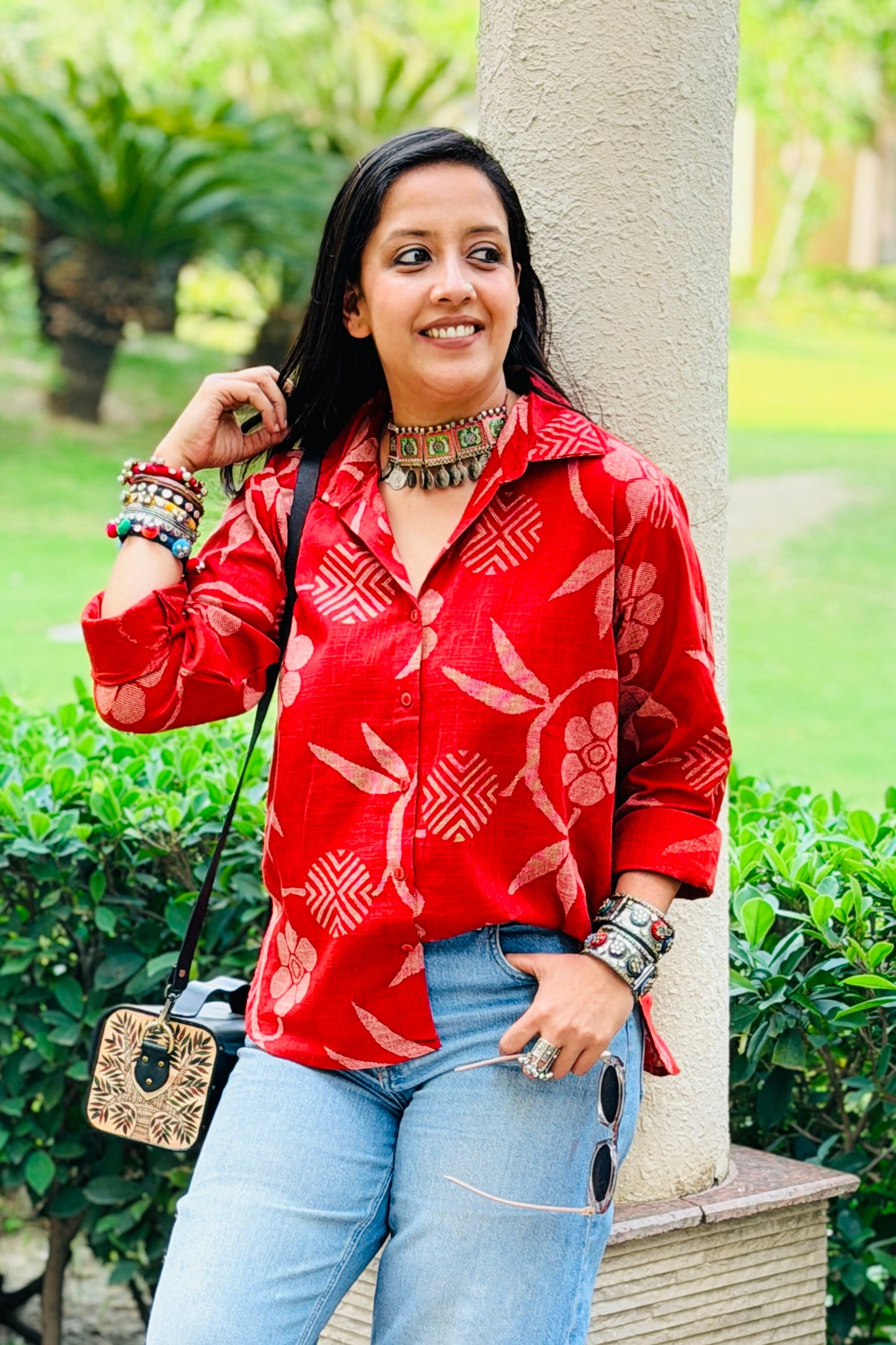 Red Cotton Slub Printed Shirt for Women