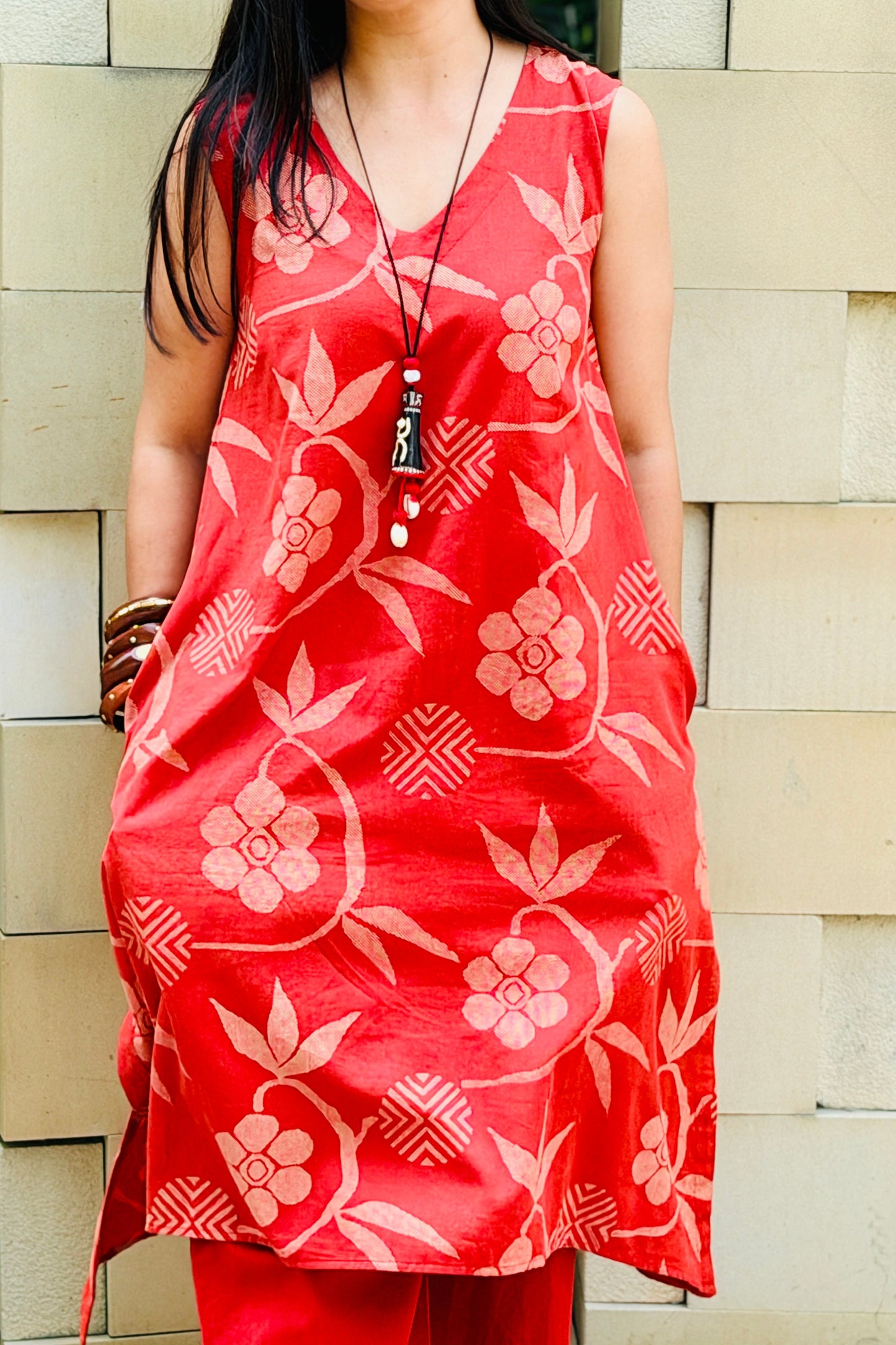 Red Cotton Flax Printed Kurta Set for Women
