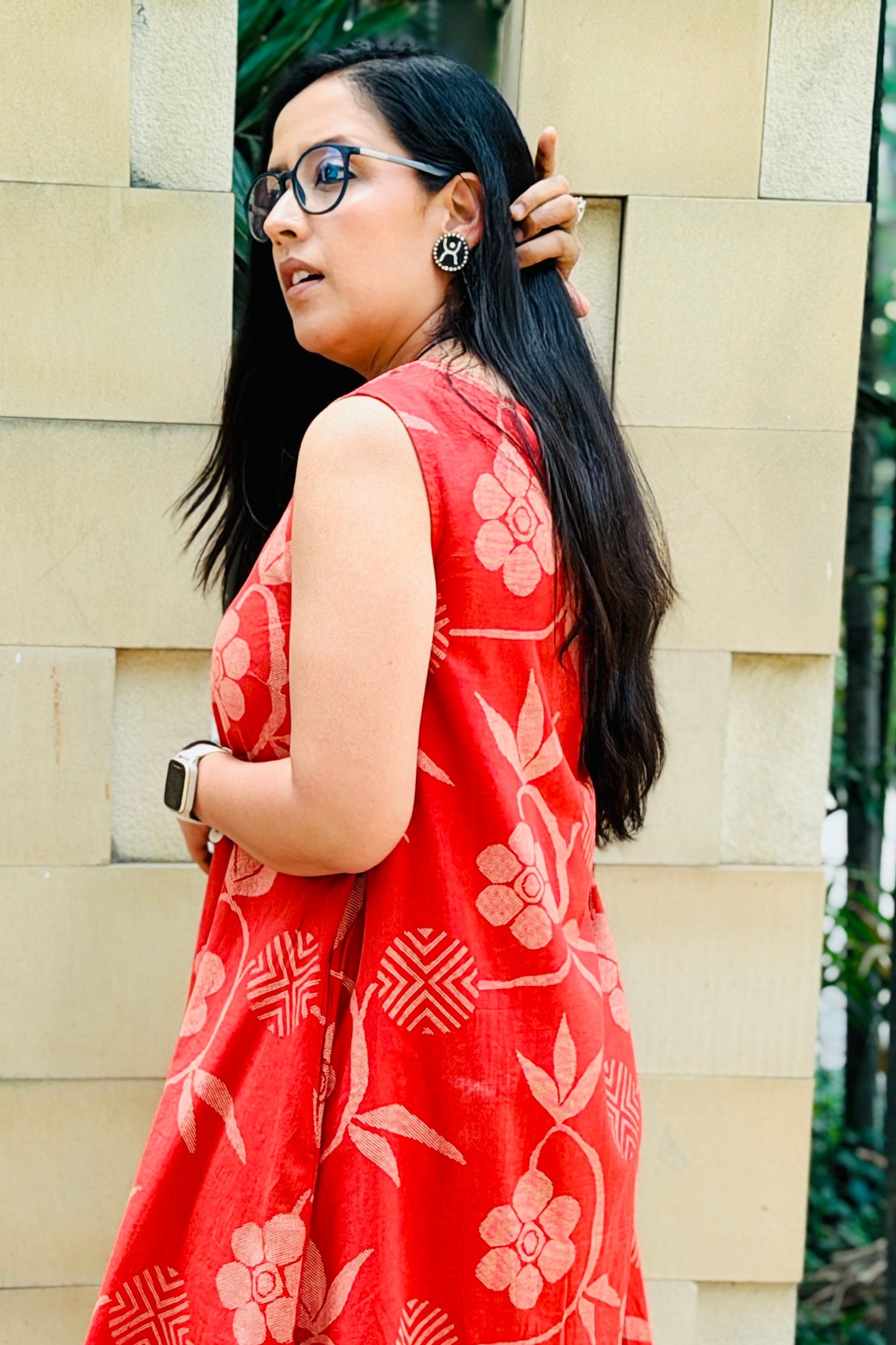 Red Cotton Flax Printed Kurta Set for Women