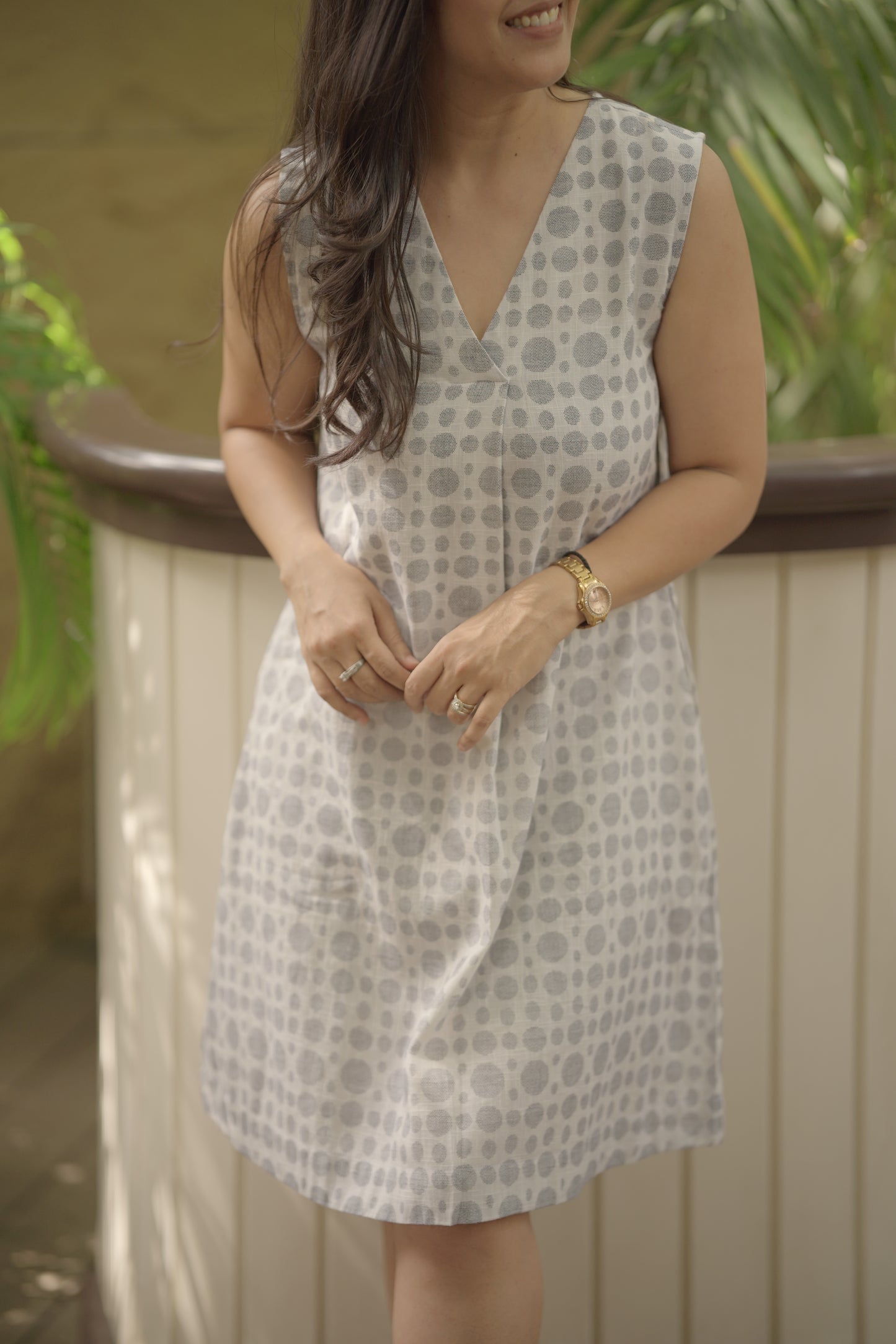 Cotton Slub Printed A-Line V-Neck Dress for Women