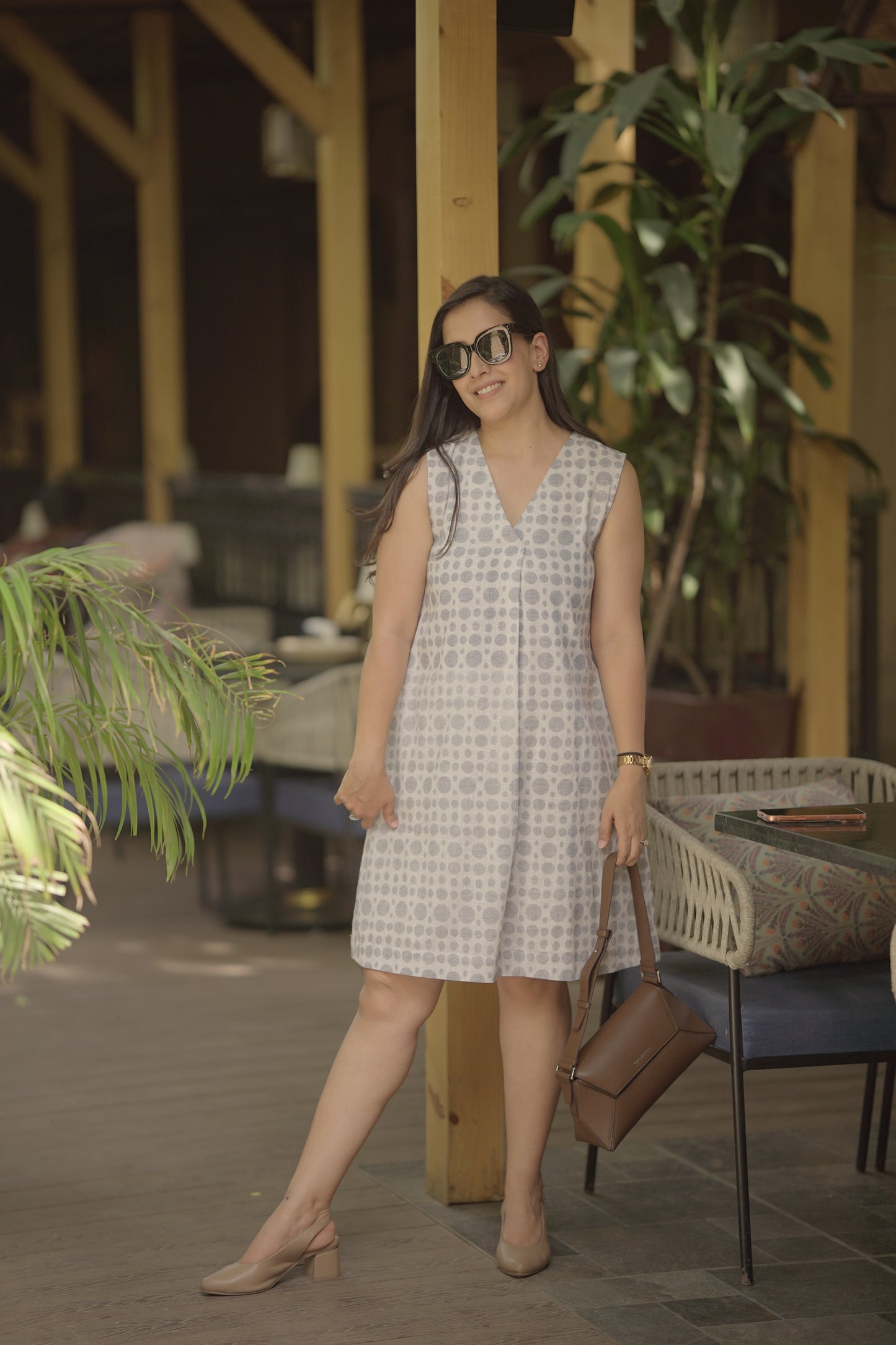 Cotton Slub Printed A-Line V-Neck Dress for Women
