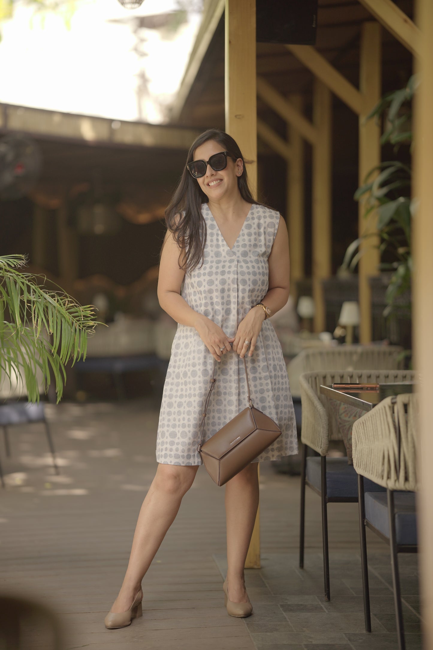 Cotton Slub Printed A-Line V-Neck Dress for Women