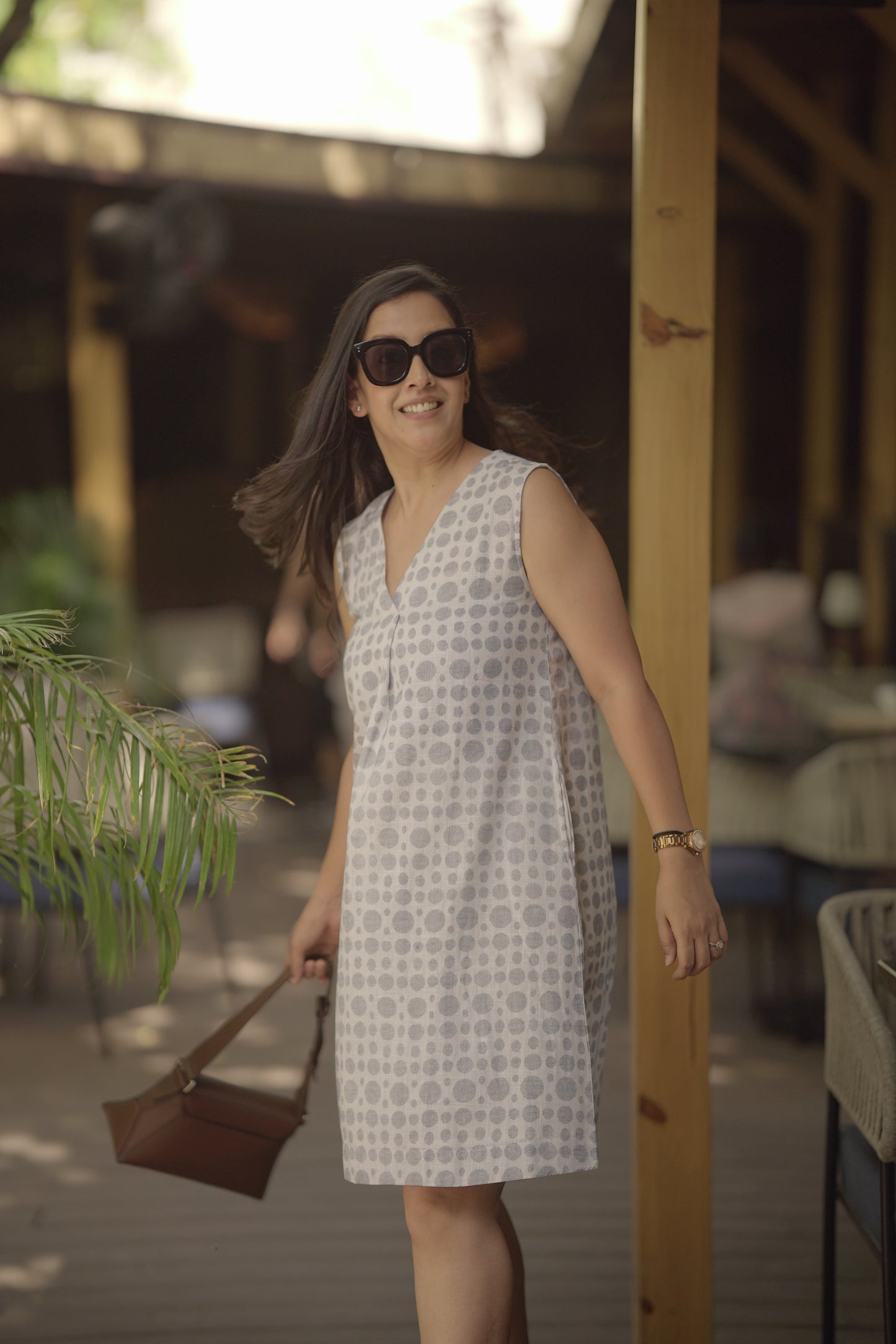 Cotton Slub Printed A-Line V-Neck Dress for Women