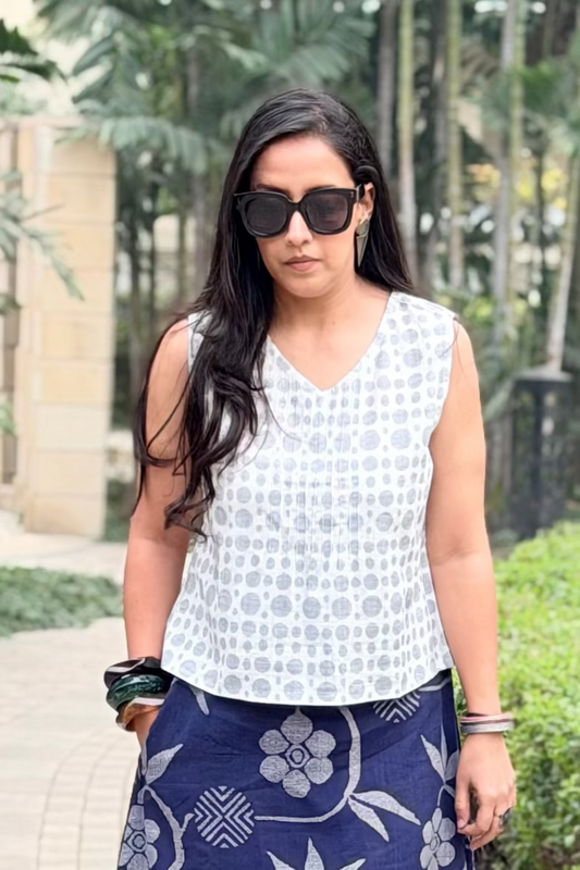 White printed cotton vest top for women by Shapes Of You. A breathable, sleeveless everyday top designed for comfort, versatility, and effortless styling.