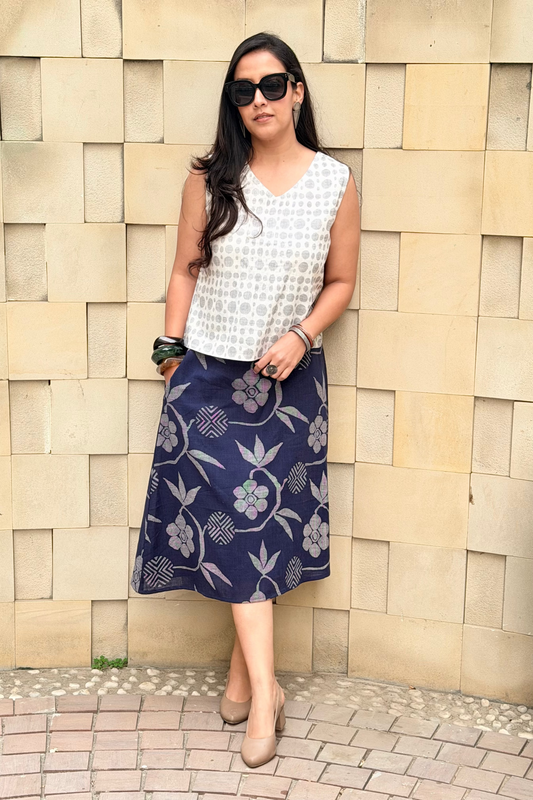 Blue printed cotton midi skirt for women by Shapes Of You. A breathable, comfortable everyday skirt designed for effortless styling and all-day ease.