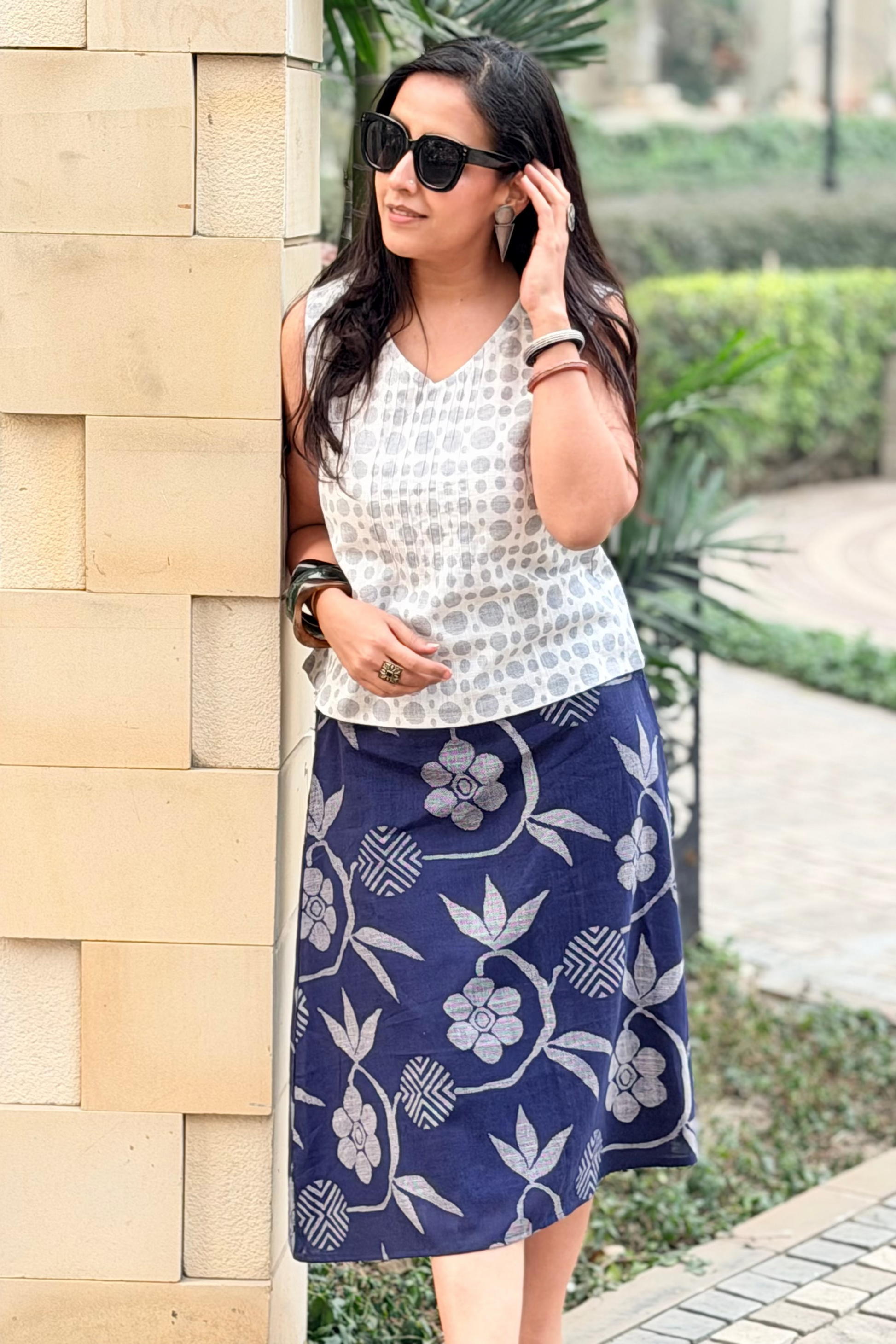 Blue printed cotton midi skirt for women by Shapes Of You. A breathable, comfortable everyday skirt designed for effortless styling and all-day ease.