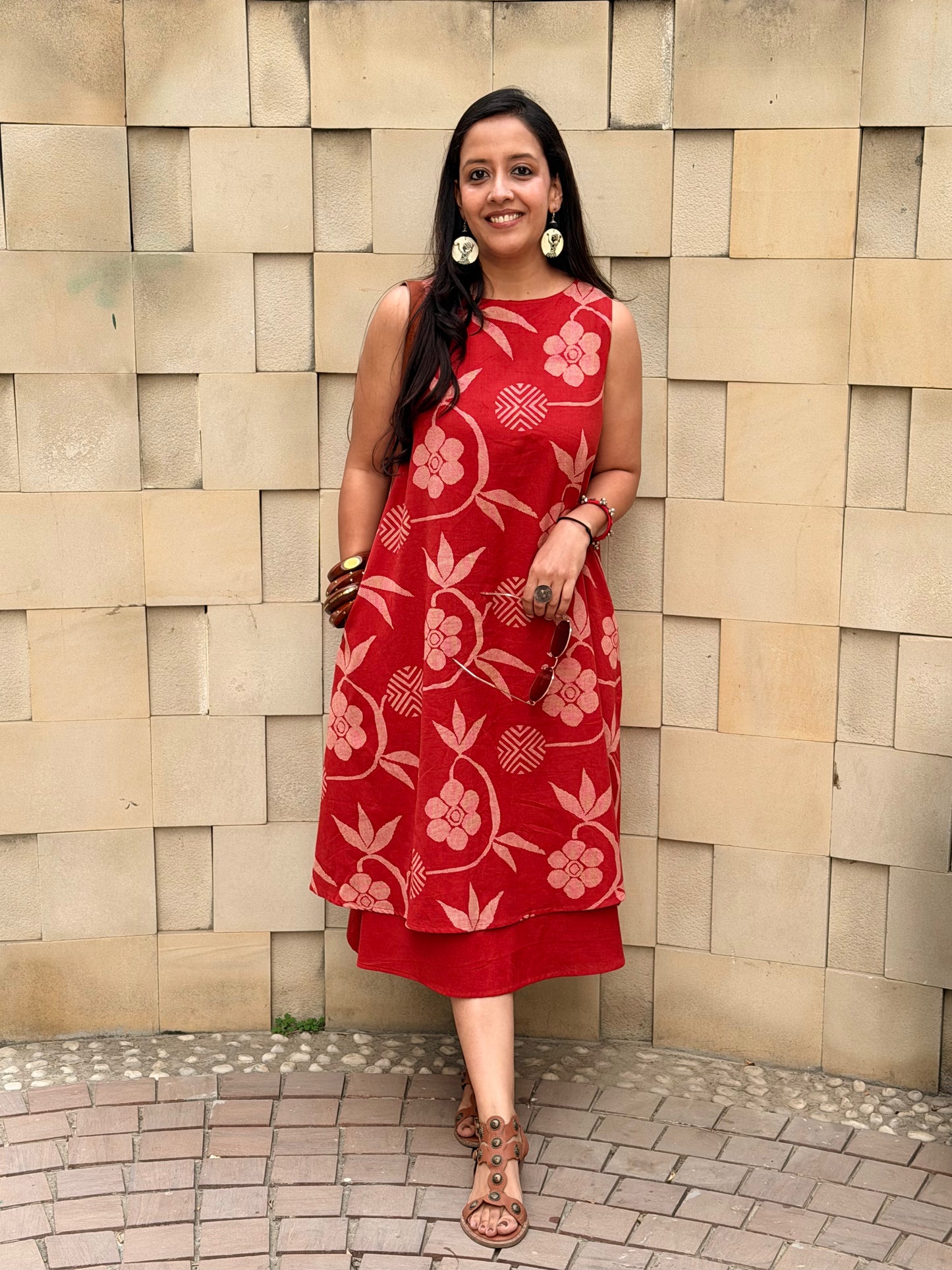 Red Printed Layered Cotton Dress for Women | Breathable Summer Dress