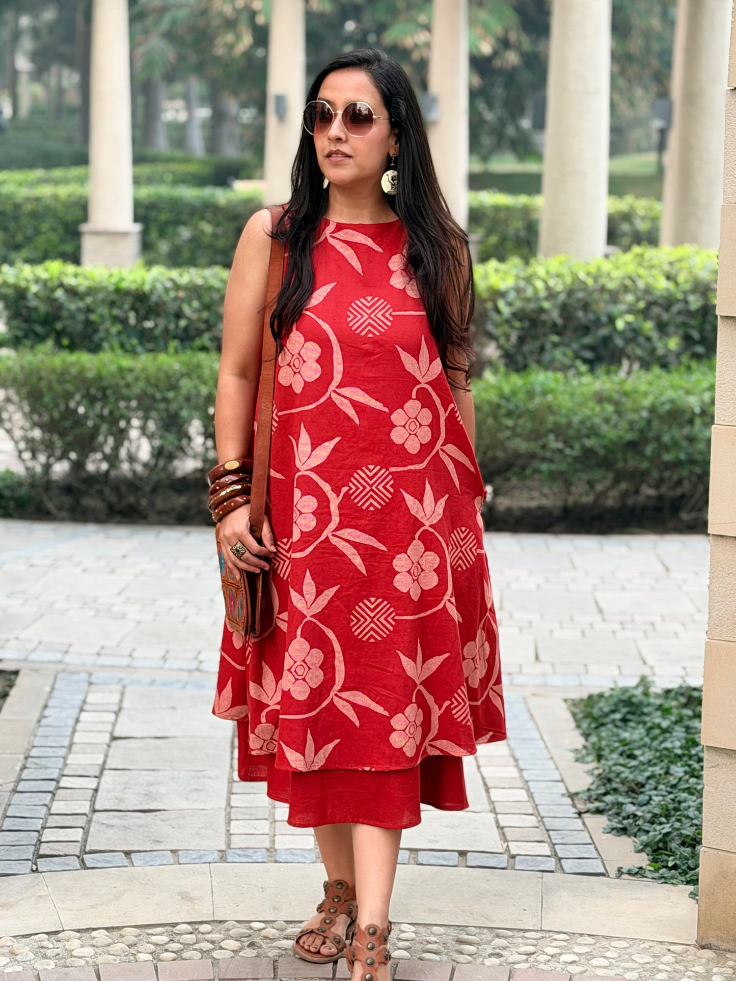 Red Printed Layered Cotton Dress for Women | Breathable Summer Dress