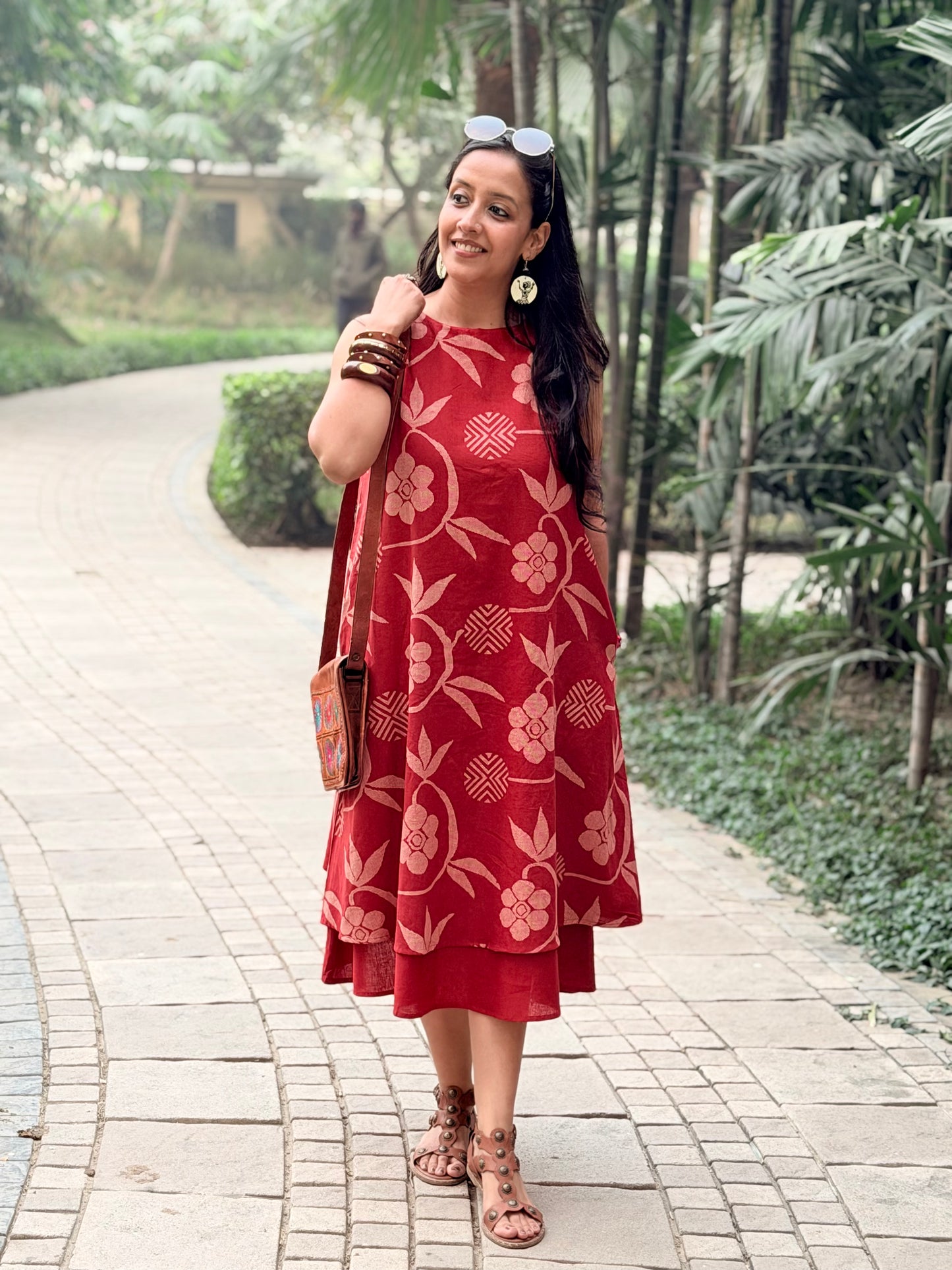 Red Printed Layered Cotton Dress for Women | Breathable Summer Dress