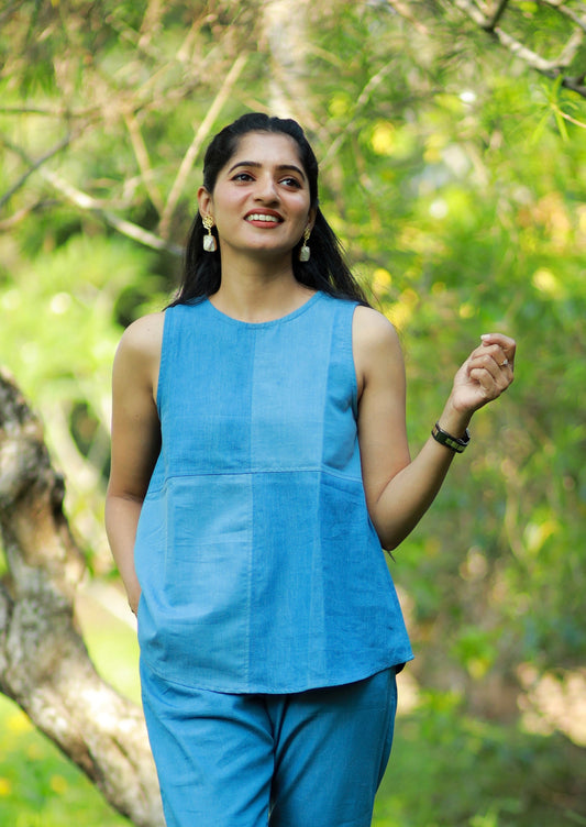 SkyShade Colour-Blocked Denim Top