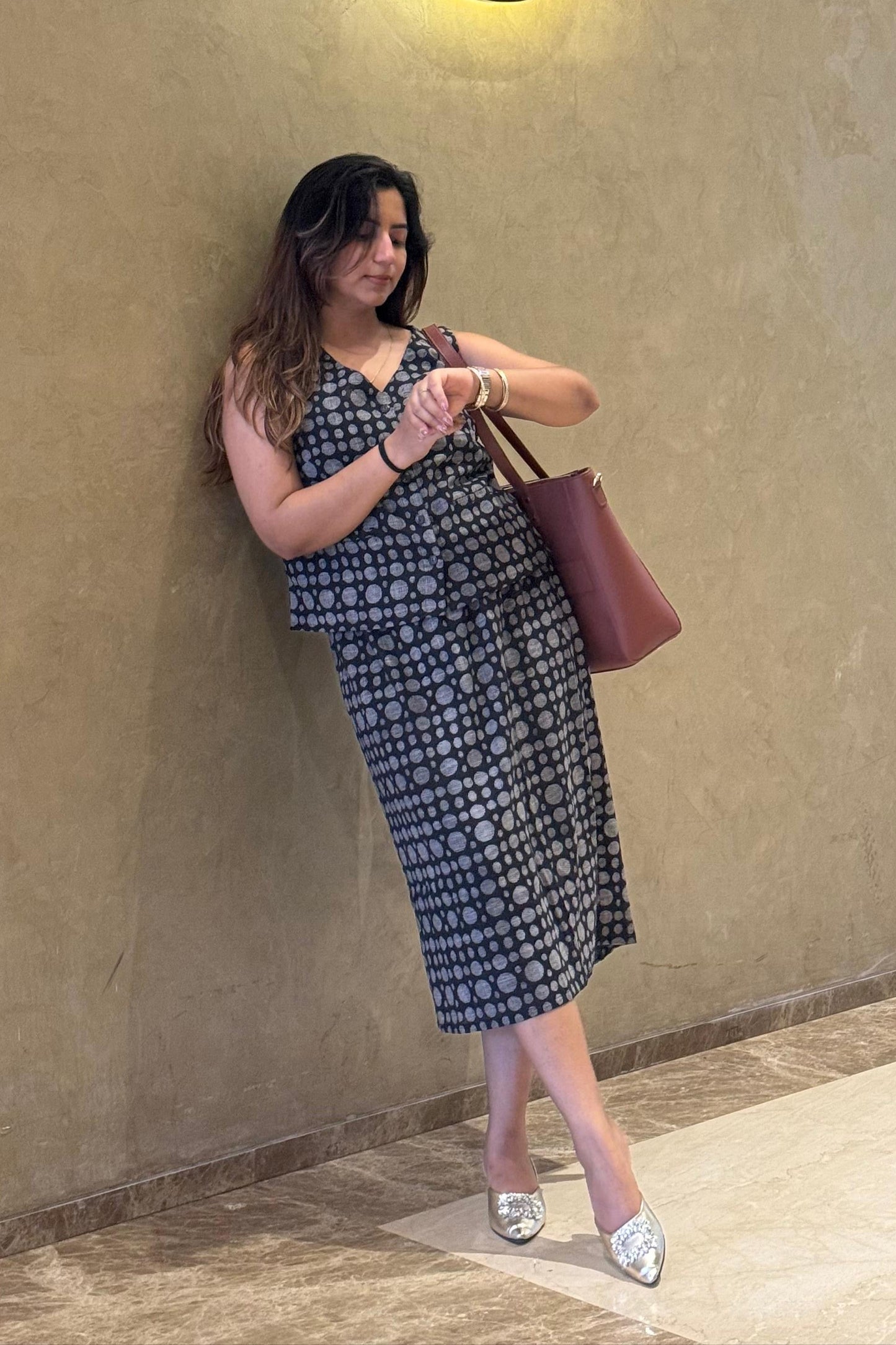 Everyday Skirt - Black Printed Cotton Slub Midi Skirt for Women